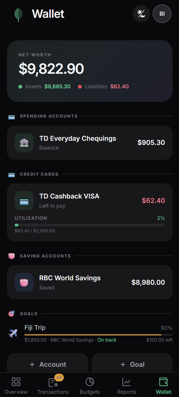 Wallet screen showing net worth, accounts and goals